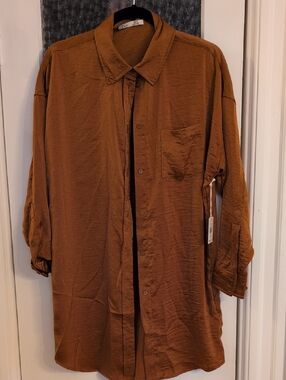 NEW! DEX Lightweight Long Button-Up Shirt Dress - Rust Brown